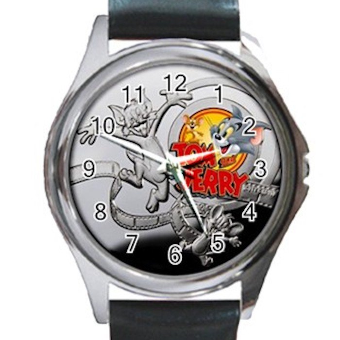 Tom & Jerry Cartoon Unisex Round Silver Metal Watch-Leather Band