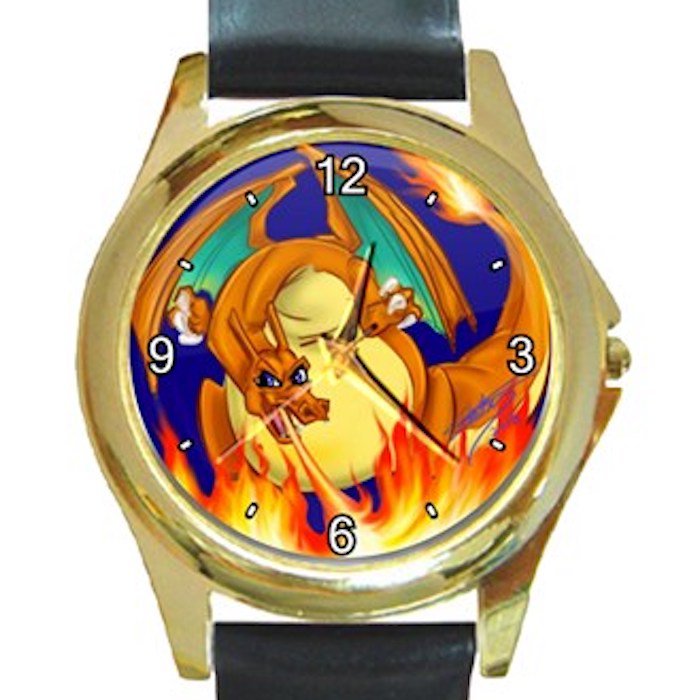 Pokemon Dragon Unisex Round Gold Metal Watch-Leather Band