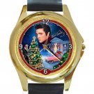Elvis Presley Christmas At Granceland Unisex Round Gold Metal Watch-Leather Band