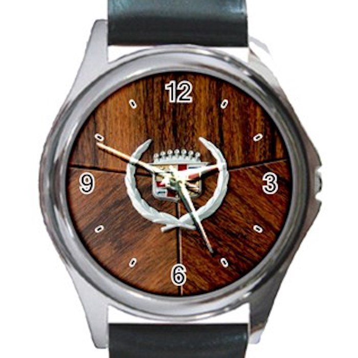Nice Cadillac Logo With Photo Wood Background Unisex Round Silver Metal Watch-Leather Band