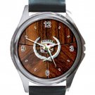 Nice Cadillac Logo With Photo Wood Background Unisex Round Silver Metal Watch-Leather Band