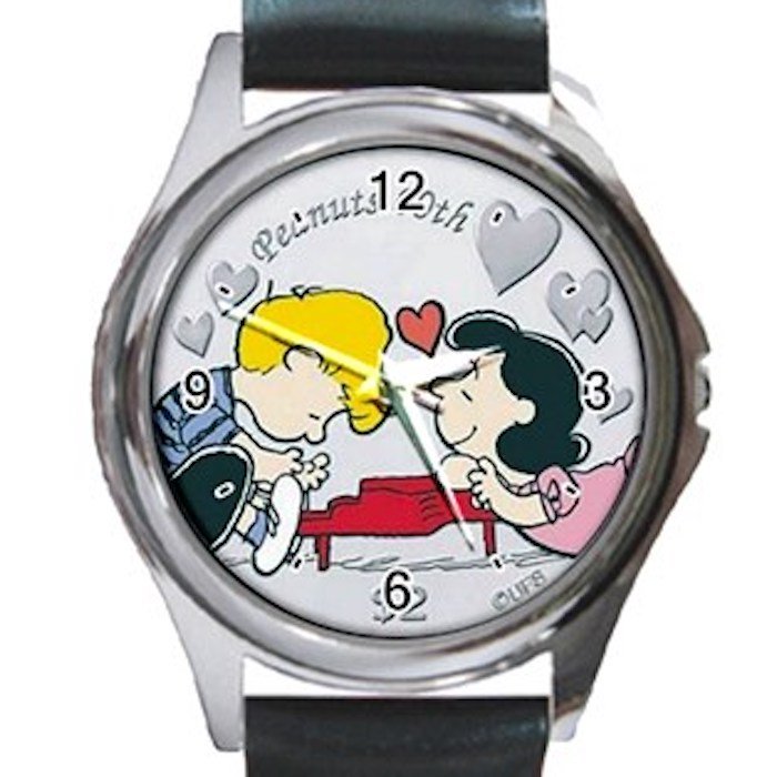 Peanuts 20th Anniversary $2 Coin Linus & Lucy Unisex Round Metal Watch-Leather Band