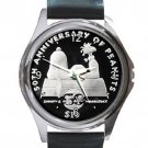 Snoopy & Woodstock Peanuts 50th Anniversary $10 Coin Unisex Round Metal Watch-Leather Band