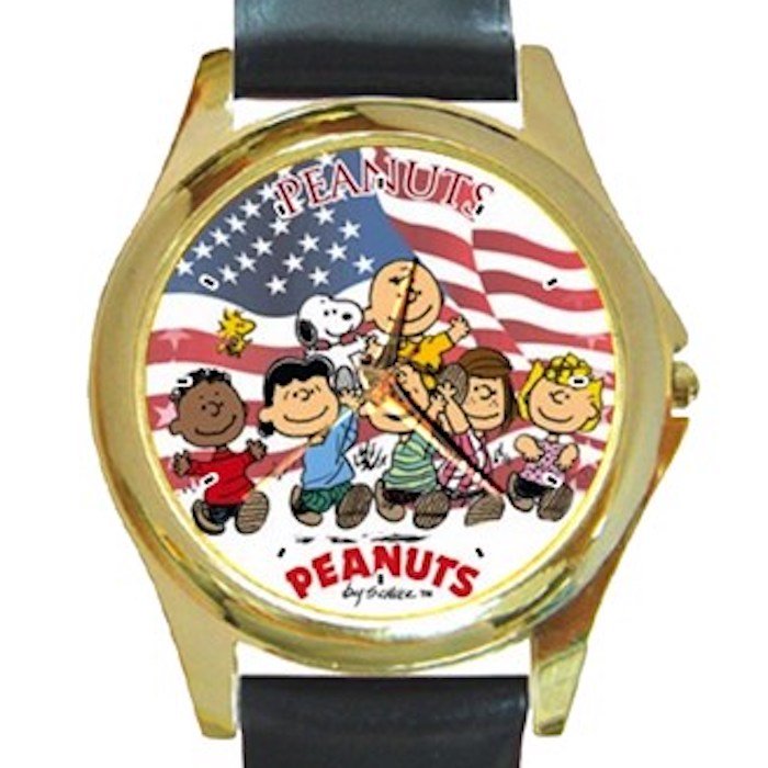 Peanuts & Friends With US Flag Unisex Round Gold Metal Watch-Leather Band