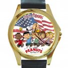 Peanuts & Friends With US Flag Unisex Round Gold Metal Watch-Leather Band