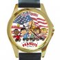 Peanuts & Friends With US Flag Unisex Round Gold Metal Watch-Leather Band