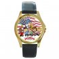 Peanuts & Friends With US Flag Unisex Round Gold Metal Watch-Leather Band