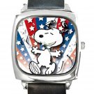 Snoopy & Star Spangles Square Metal Watch With Leather Band