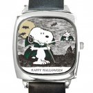 Snoopy Dracula Happy Halloween Square Metal Watch With Leather Band
