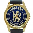 Chelsea Football Club Unisex Round Gold Metal Watch-Leather Band