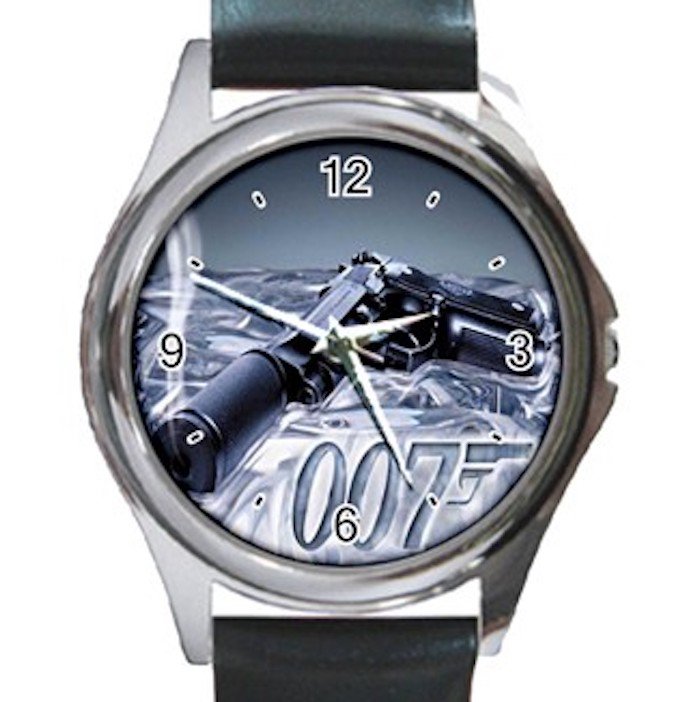James Bond 007 With Gun Unisex Round Metal Watch-Leather Band