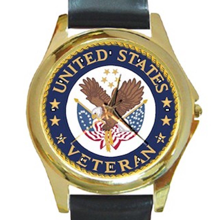 United States Veteran Unisex Round Gold Metal Watch-Leather Band