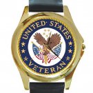 United States Veteran Unisex Round Gold Metal Watch-Leather Band