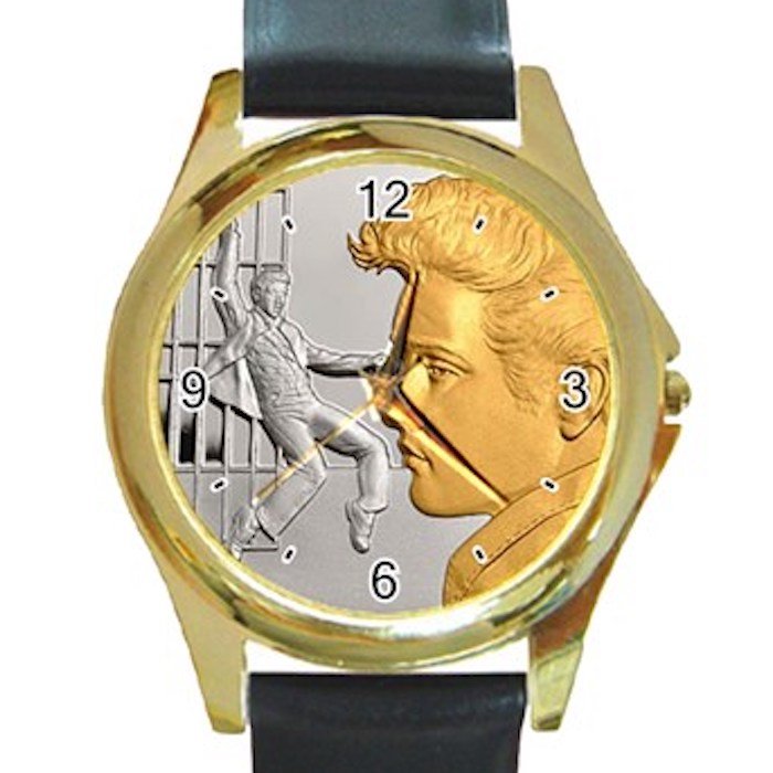 Elvis Presley Silver & Gold Jailhouse Rock Unisex Round Gold Metal Watch-Leather Band