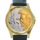 Elvis Presley Silver & Gold Jailhouse Rock Unisex Round Gold Metal Watch-Leather Band