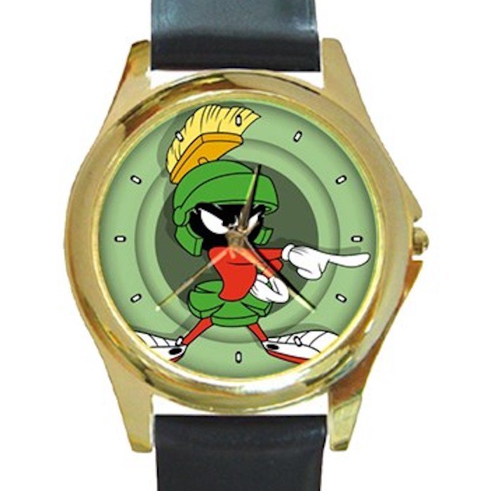 Funny Marvin The Martian Unisex Round Gold Metal Watch-Leather Band