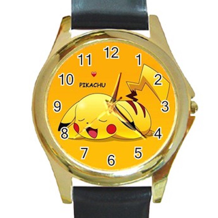 Cute Pokemon Pikachu Sleeping Unisex Round Gold Metal Watch-Leather Band