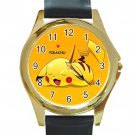 Cute Pokemon Pikachu Sleeping Unisex Round Gold Metal Watch-Leather Band