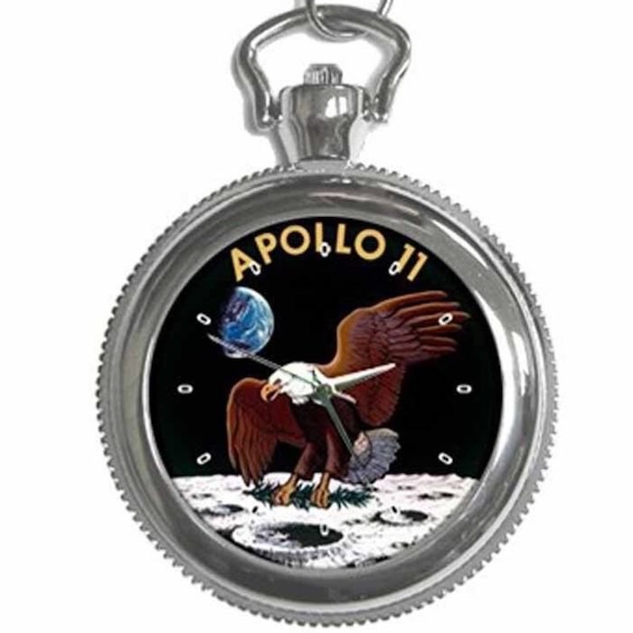 NASA APOLLO 11 FIRST MEN ON THE MOON Round Silver Metal Key Chain Watch