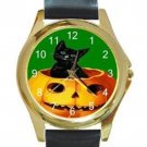 MERRY HALLOWEEN BLACK KITTY CAT & PUMPKIN ON GREEN Unisex Round Gold Metal Watch