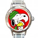 SNOOPY & WOODSTOCK HUGGING CHRISTMAS Round Italian Charm Watch
