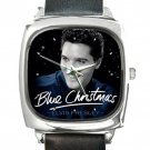 Elvis Presley Blue Christmas Square Metal Watch With Leather Band
