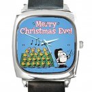 Snoopy & Woodstock Christmas Eve Square Metal Watch With Leather Band