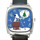 Snoopy Typing On A Snowy Day Square Metal Watch With Leather Band