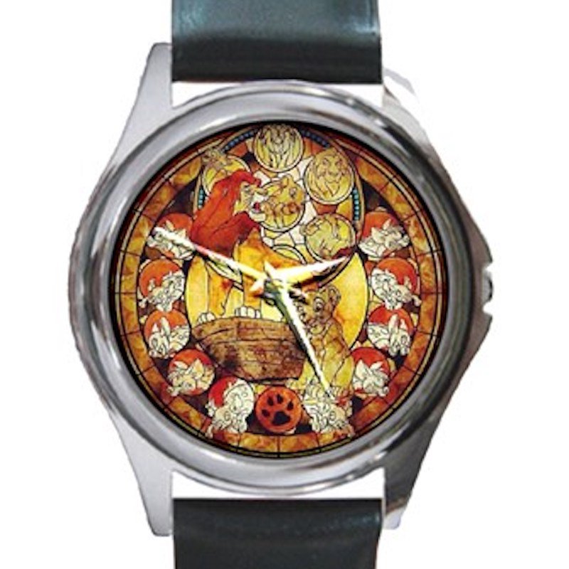 Lion King In Stained Glass Design Unisex Round Silver Metal Watch