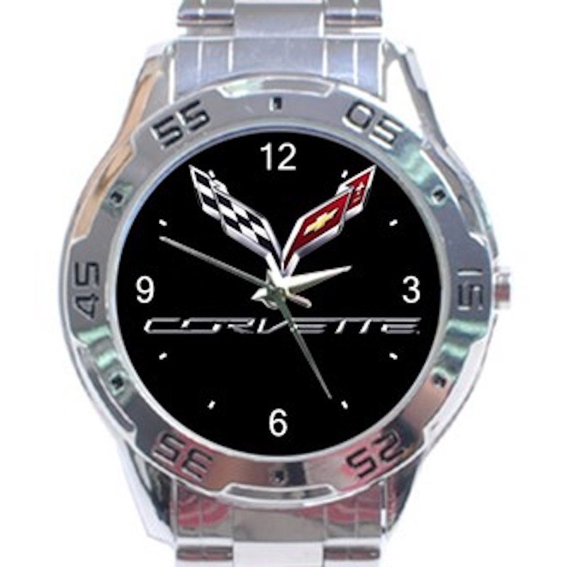 Corvette Car Logo In Black Background Stainless Steel Analogue Watch