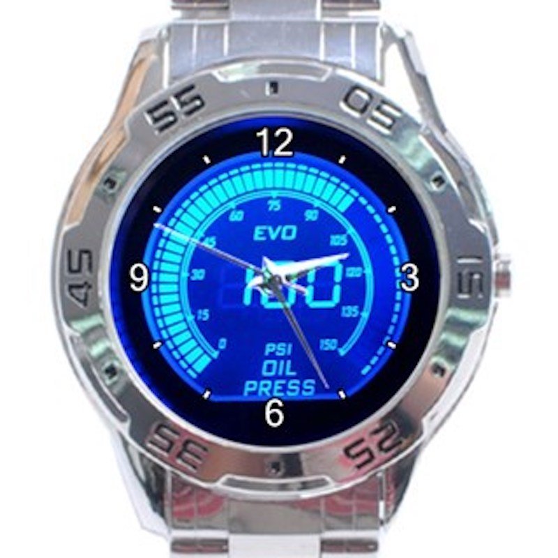 Blue Led Light Oil Press Meter Unisex Stainless Steel Analogue Watch