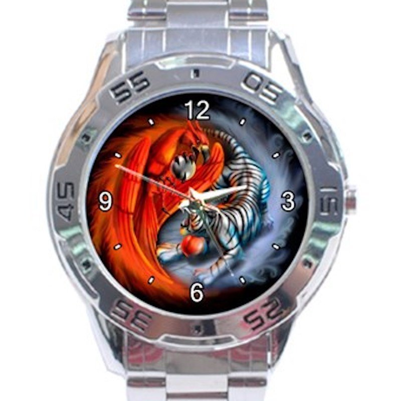 Fiery Phoenix & Tiger Yin Yang Unisex Stainless Steel Analogue Watch