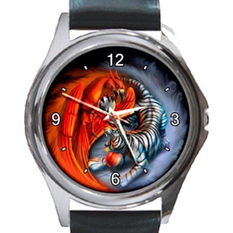 Fiery Phoenix & Tiger Yin Yang Unisex Round Silver Metal Watch