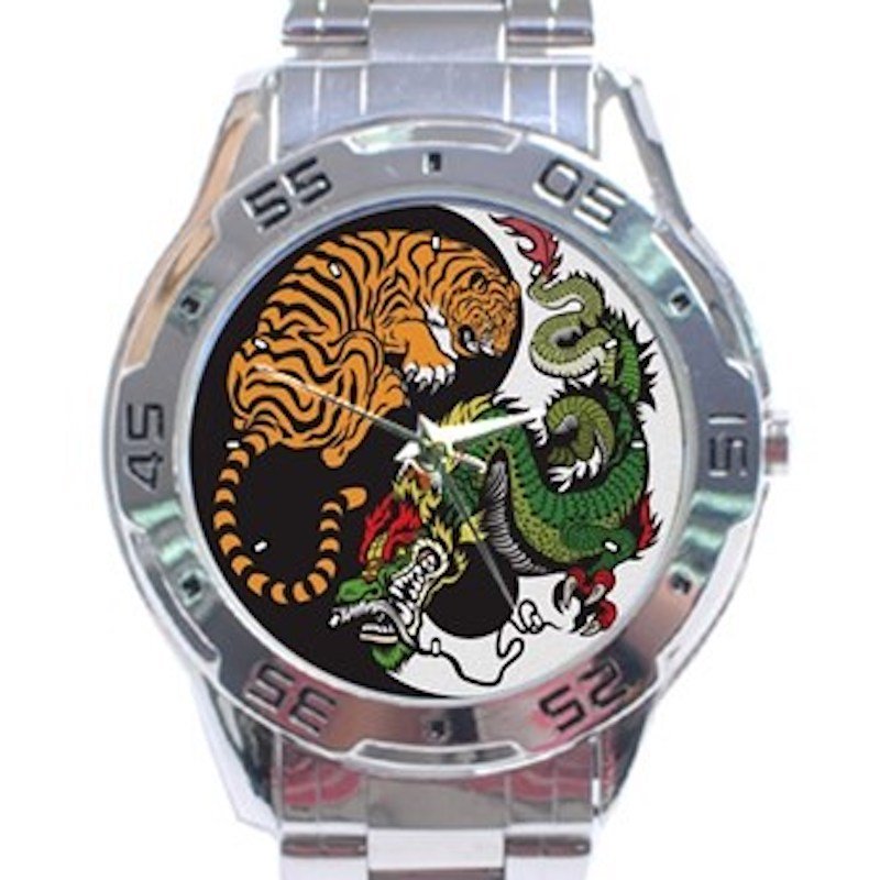 Tiger & Dragon Ancient Art Yin Yang Unisex Stainless Steel Analogue Watch