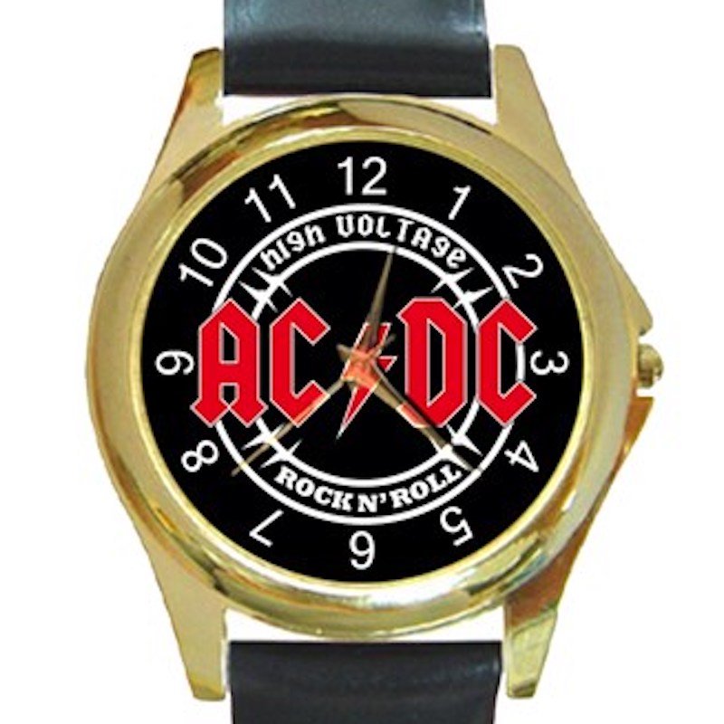 AC DC Rock N' Roll High Voltage Unisex Round Gold Metal Watch