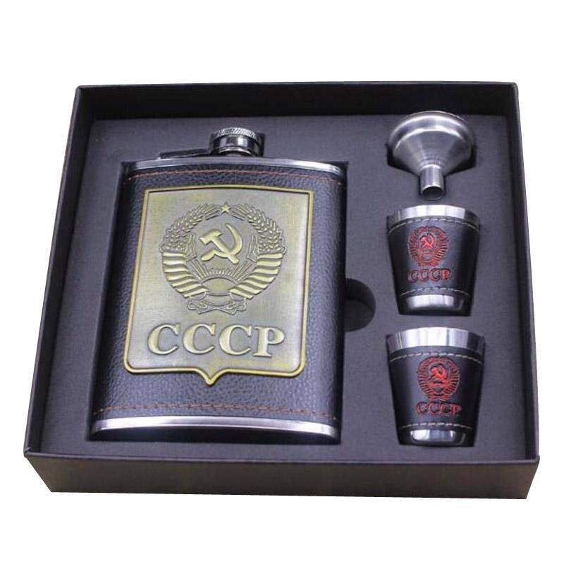 Cccp Stainless Steel Hip Flask Set Faux Leather Wrapped Flagon 7oz Russia Gift