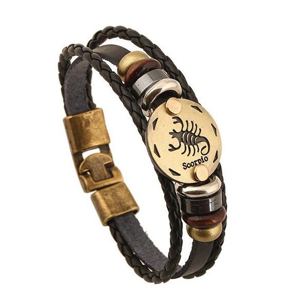 12 Bracelet Zodiac Constellations Leather Adjustable Unisex Alloy Jewelry Bangle