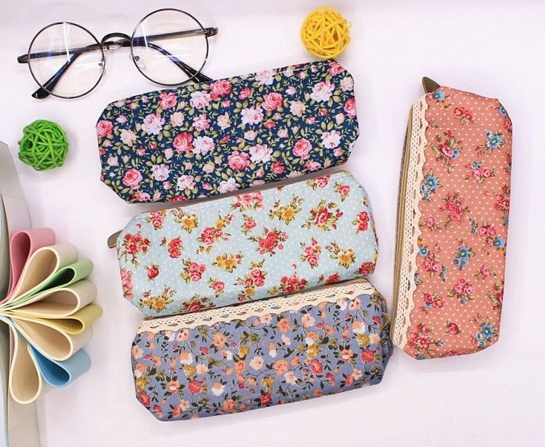 Retro Pen Pencil Case Bag Floral Flower Makeup Pouch Lace Canvas Dot School