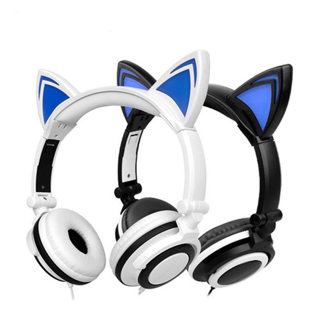 Foldable Headphone Wired Earphone For Kids LED Light Cat Ear Glowing Headset