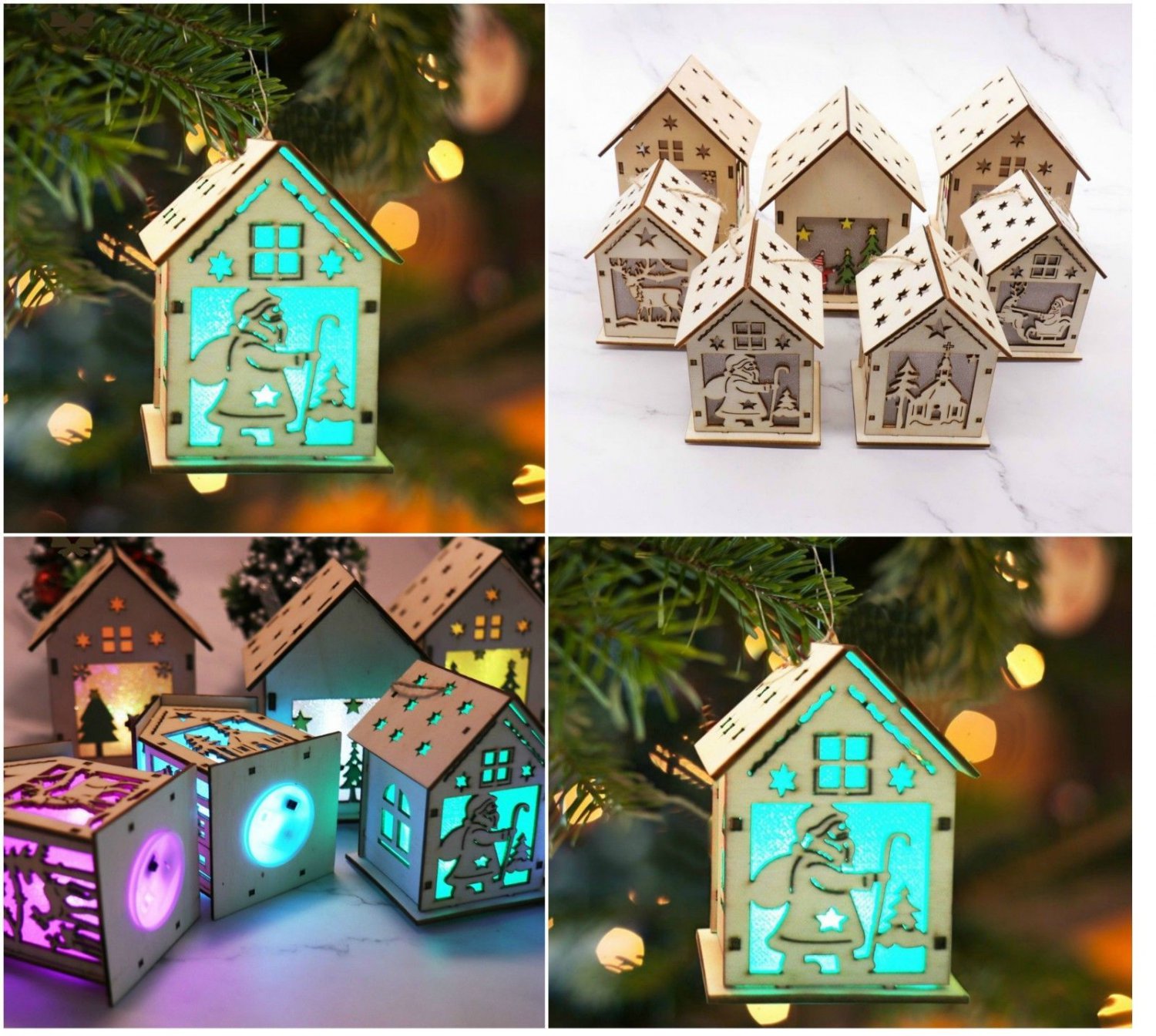 Christmas Led Decoration Light Glow Wood House Hanging Ornaments Santa Claus New