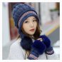 Women Winter Hat And Gloves Set Knit Fur Pom Pom Ball Beanie Girls Warm Ski Cap