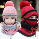 Winter Scarf Hat Set For Women Warm Knitted Ski Mask Beanie Scarves Skull Cuff