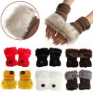 Women Winter Fingerless Gloves Faux Rabbit Fur Wrist Warm Knitted Girls Mittens