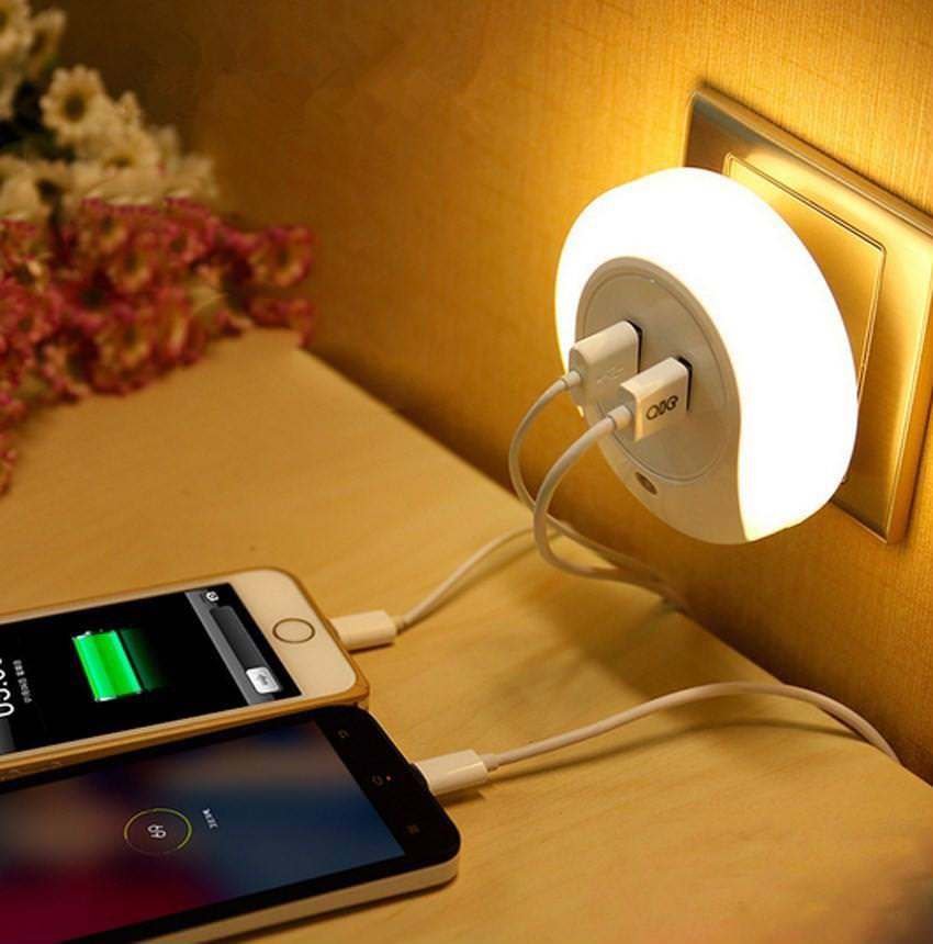 Wall Charger Adapter Night Light LED Sensor Usb 2 Port Perception Travel Lamp