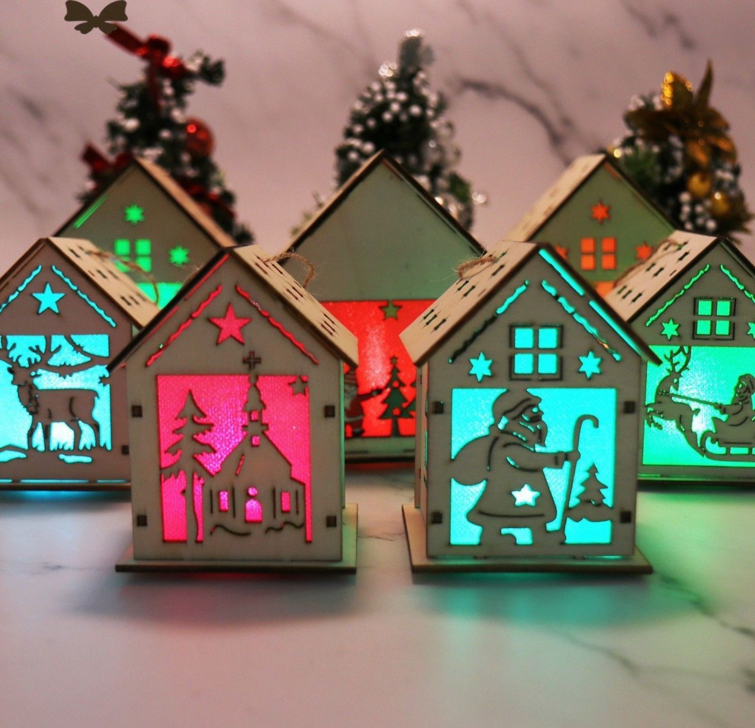 Christmas Led Decoration Light Glow Wood House Hanging Ornaments Santa Claus New