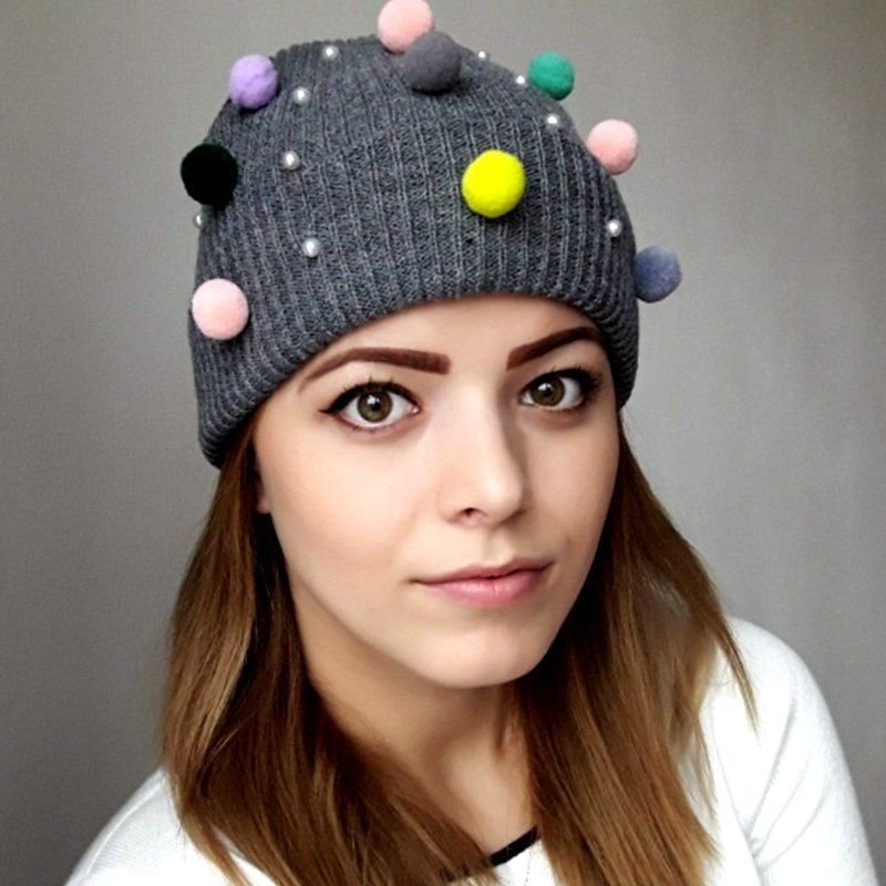 Winter Hat For Women Mini Pom Pom Pearls Candy Colors Beanie Knit Warm Girls Cap
