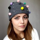 Winter Hat For Women Mini Pom Pom Pearls Candy Colors Beanie Knit Warm Girls Cap