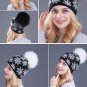 Winter Hat For Women Pom Pom Fur Snowflake Knitted Ski Cap Warm Beanie Wool Xmas