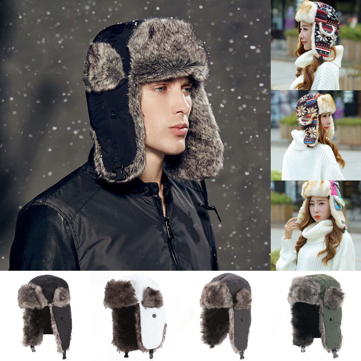 Winter Bomber Hat Men Warm Russian Trapper Trooper Ear Flap Ski Faux Fur Cap