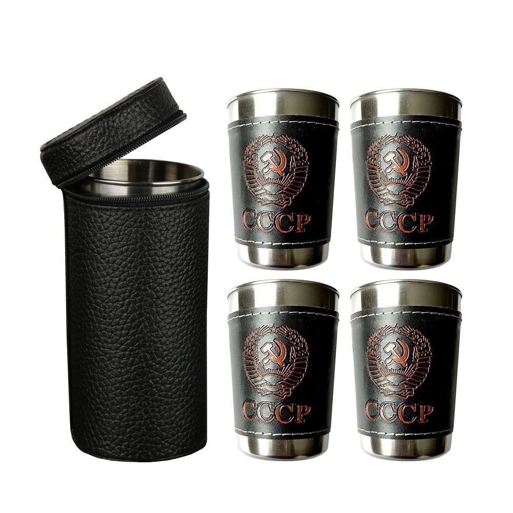Hip Flask Cup Set Stainless Steel PU Leather Russia CCCP Liquor Alcohol Hip Shot